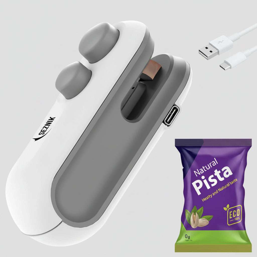 White and gray portable heat sealer with USB cable, and a purple 'Natural Pista' snack package on a white background.