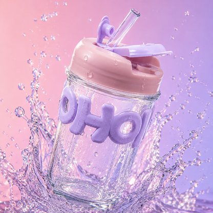 350ML OHO Glass Cup with Straw for Juice, Smoothies & Coffee