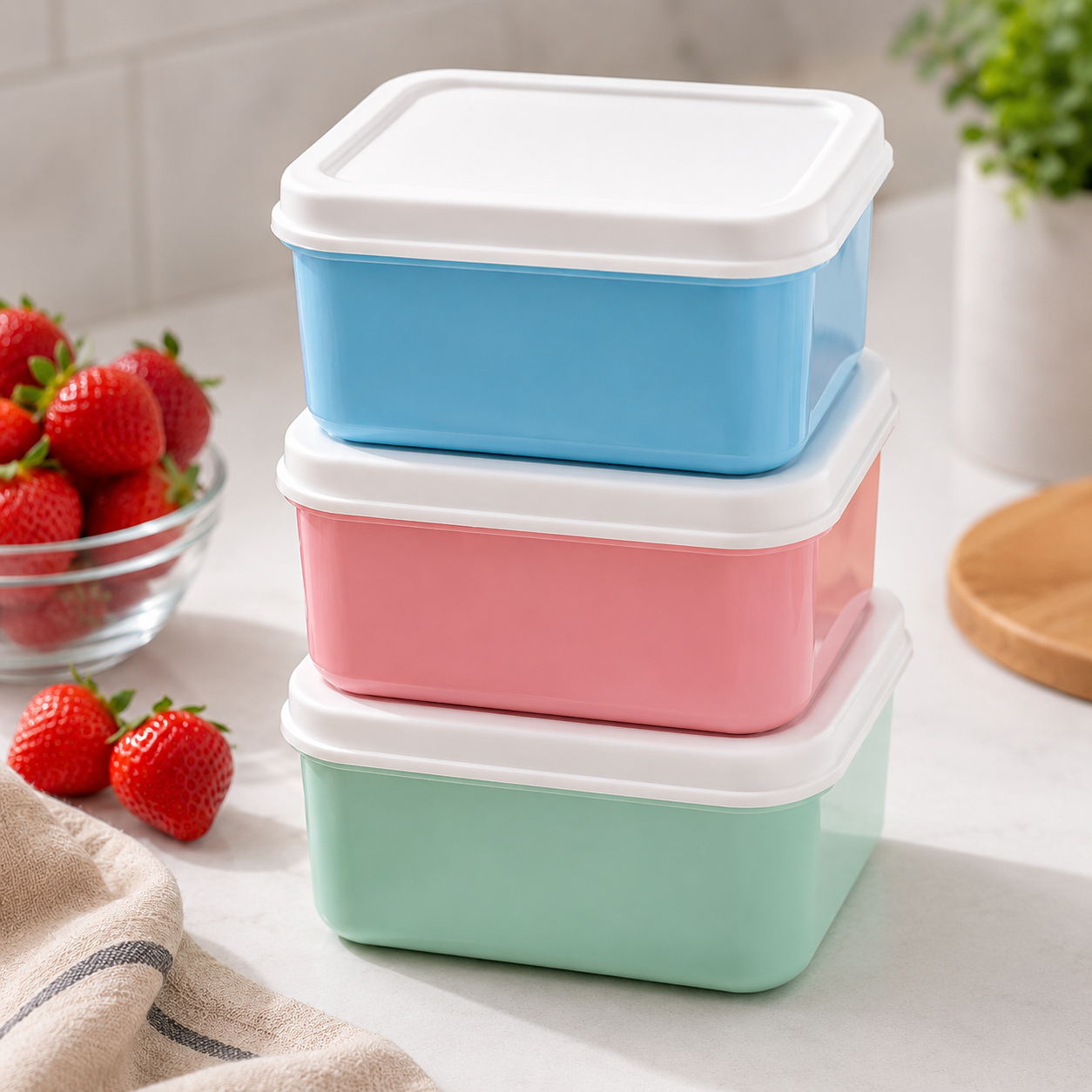Pastel Fresh Keep Food Storage Container Set – Square Airtight Kitchen Boxes (3 Pack)