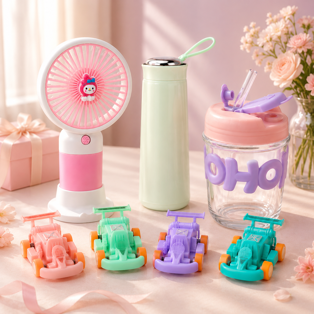 Bundle of 4 Items – Mini Fan with Mobile Stand, Nice Bottle, Glass Cup with Straw & 4 Mini Racing Cars Set