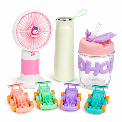 Bundle of 4 Items – Mini Fan with Mobile Stand, Nice Bottle, Glass Cup with Straw & 4 Mini Racing Cars Set