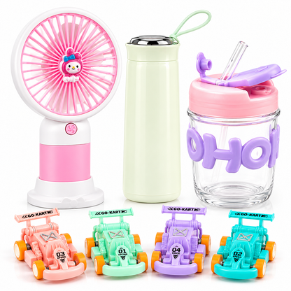 Bundle of 4 Items – Mini Fan with Mobile Stand, Nice Bottle, Glass Cup with Straw & 4 Mini Racing Cars Set