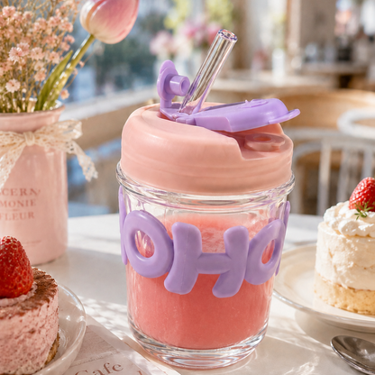 350ML OHO Glass Cup with Straw for Juice, Smoothies & Coffee