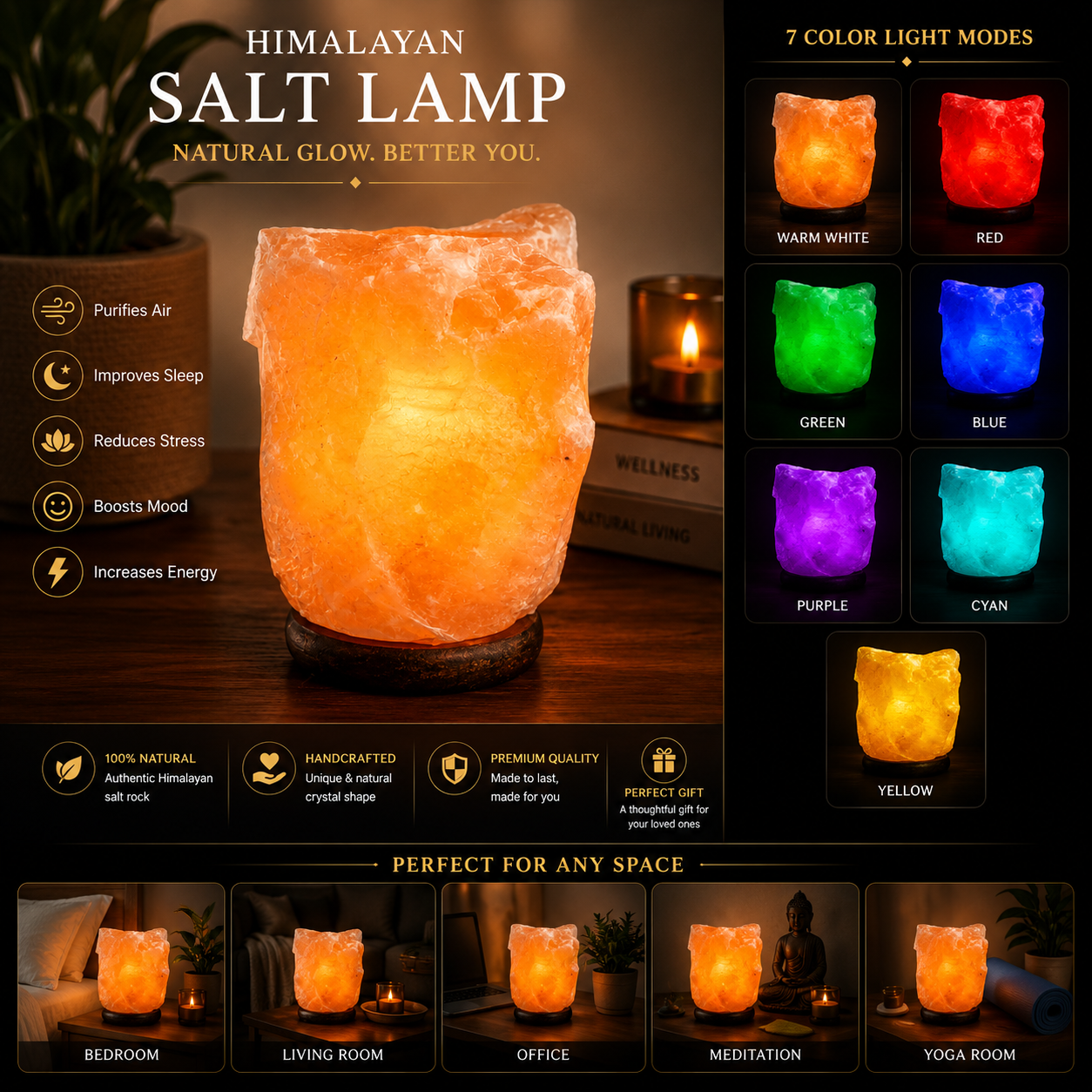 Premium Handcrafted Himalayan Salt Lamp – Crystal Rock, Wooden Base