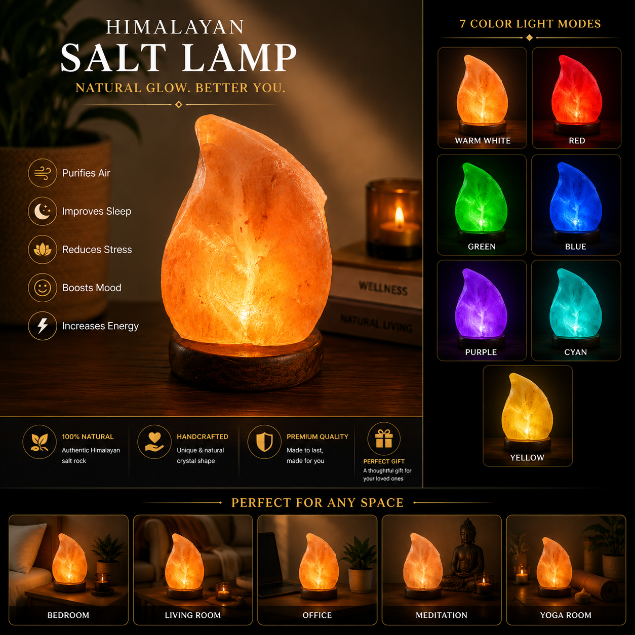 Premium Handcrafted Himalayan Salt Lamp – Crystal Rock, Wooden Base