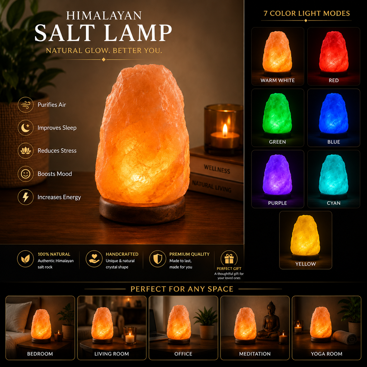 Premium Handcrafted Himalayan Salt Lamp – Crystal Rock, Wooden Base