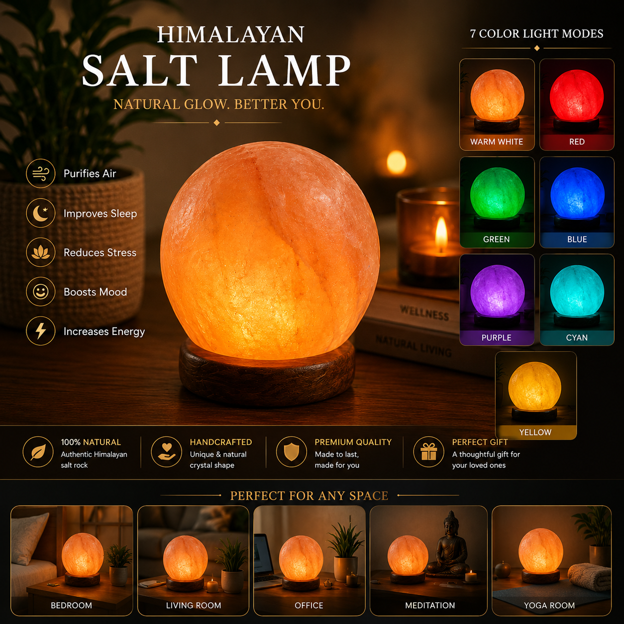 Premium Handcrafted Himalayan Salt Lamp – Crystal Rock, Wooden Base