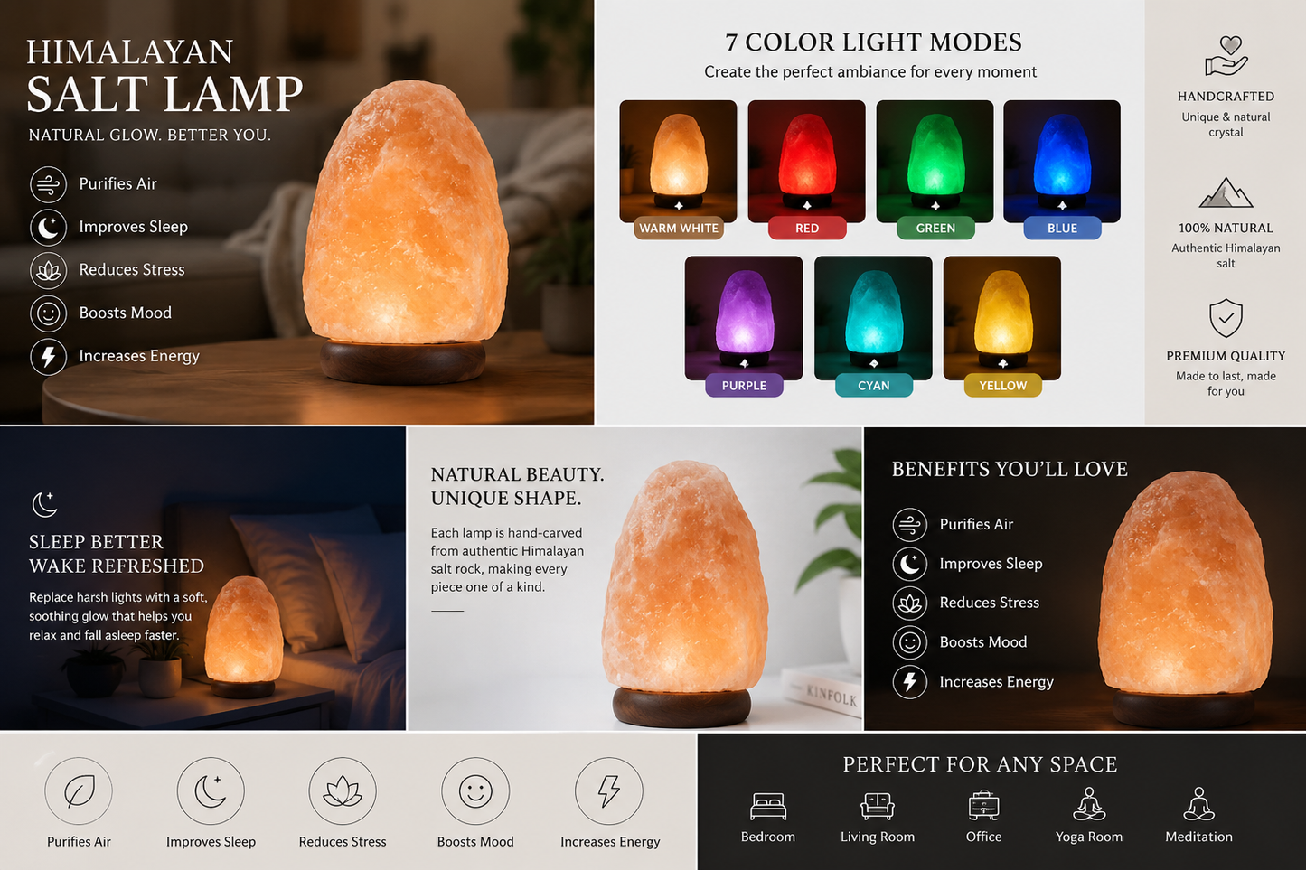Premium Handcrafted Himalayan Salt Lamp – Crystal Rock, Wooden Base