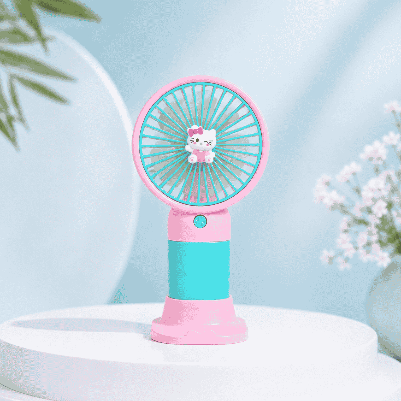 Pink and blue handheld fan with a cartoon character on a light blue background