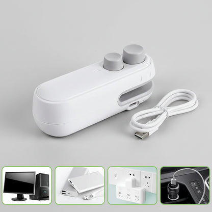 White electronic device with USB charging cable on a white background, featuring text about battery capacity.