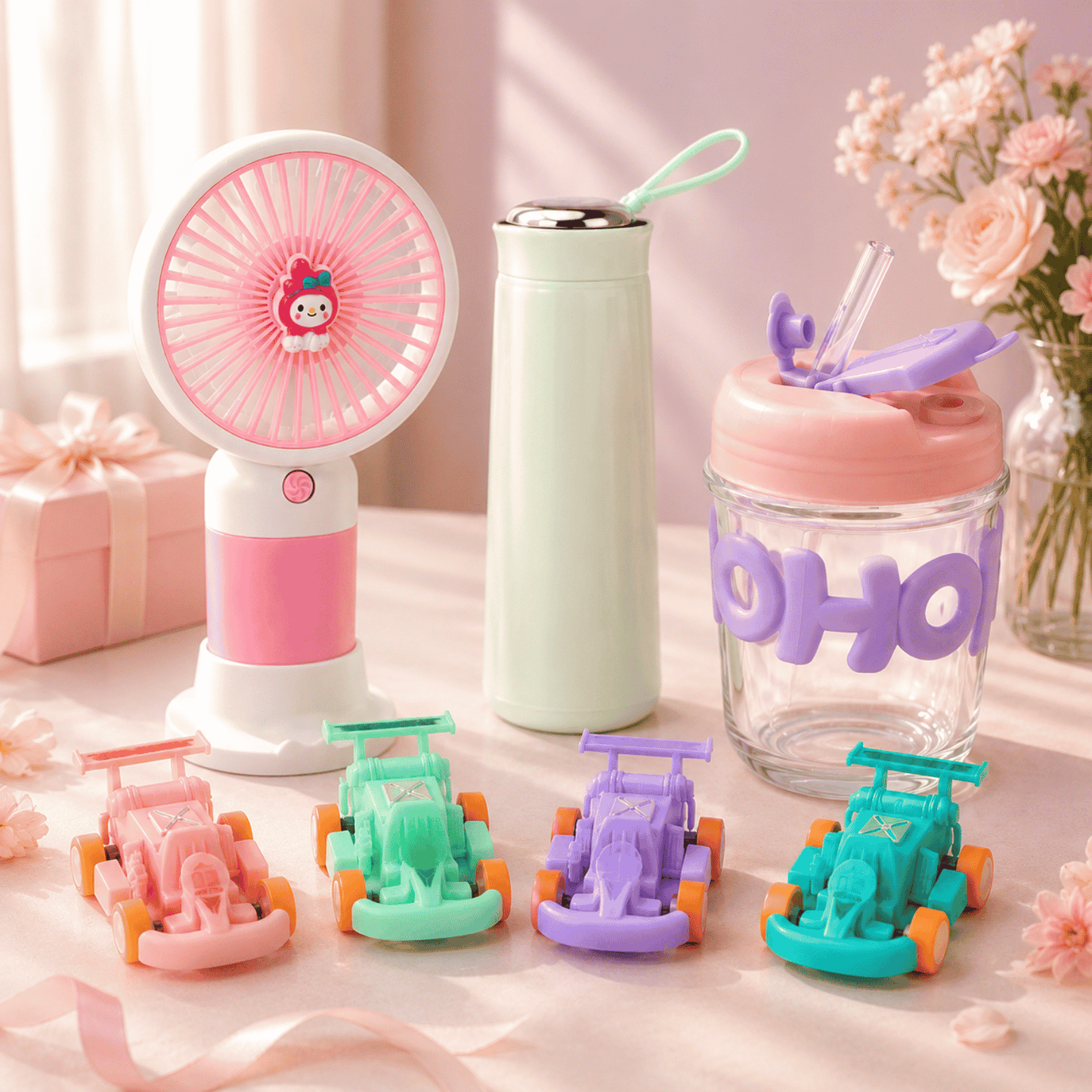 Set of colorful items including a fan, tumbler, and small car toys on a light surface with flowers in the background.