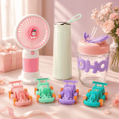 Set of colorful items including a fan, tumbler, and small car toys on a light surface with flowers in the background.