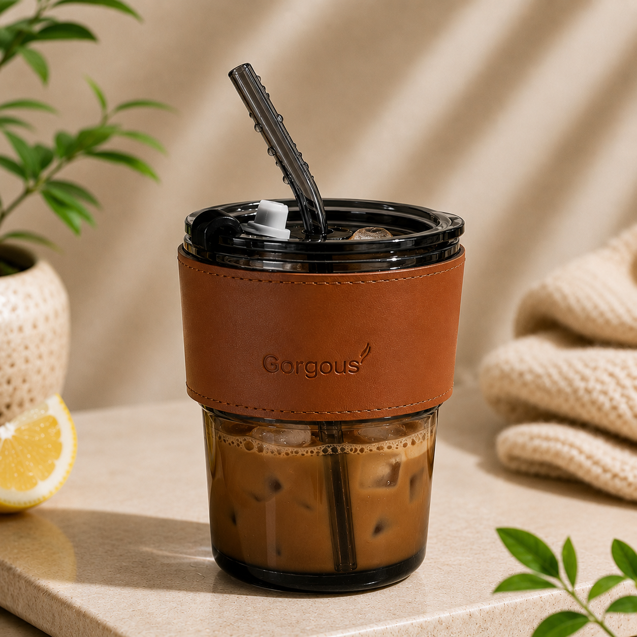 Black aesthetic glass coffee tumbler with iced coffee, reusable straw and brown leather sleeve