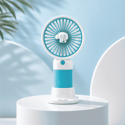 Small blue and white fan on a white pedestal with a light blue background
