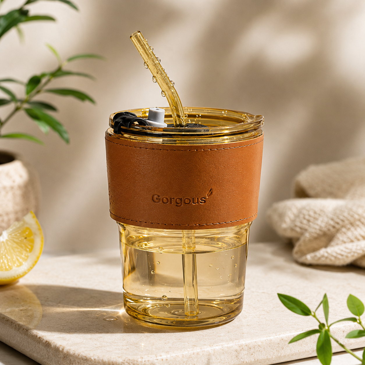 Gold aesthetic glass tumbler with water, reusable straw and brown leather sleeve on beige background