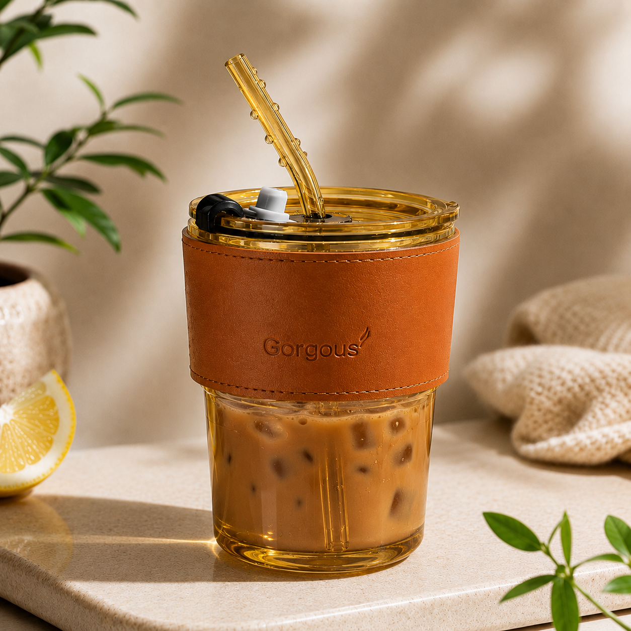 Gold aesthetic glass coffee tumbler with iced coffee, reusable straw, and lid on neutral background