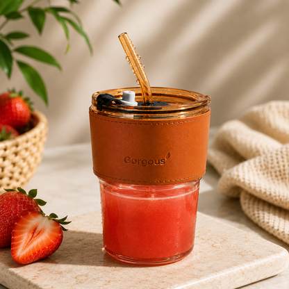 Gold aesthetic glass tumbler filled with strawberry juice and reusable straw with fresh strawberries nearby