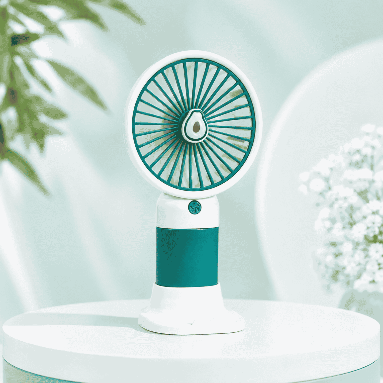 Portable fan with green and white design on a light background
