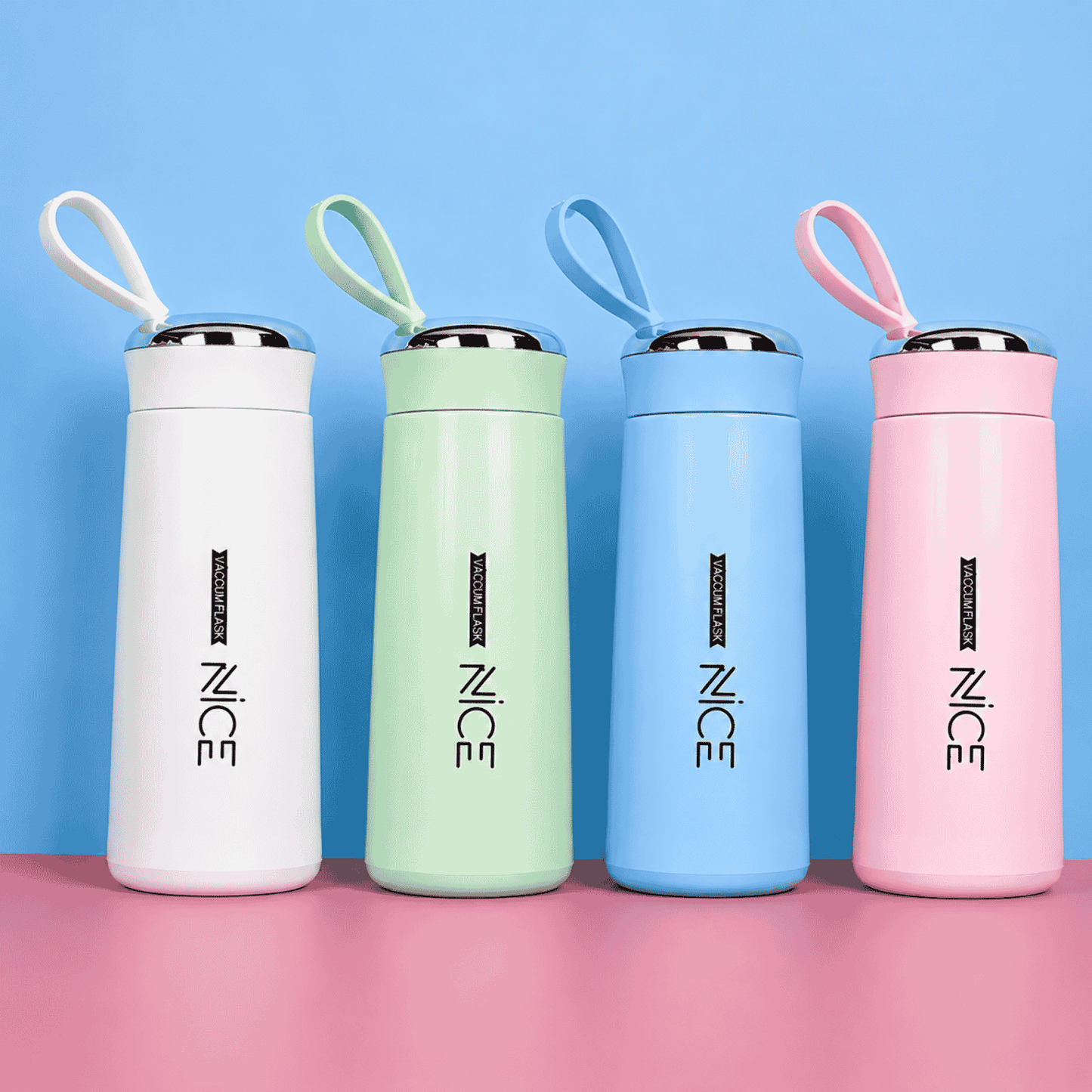 Four colorful water bottles with 'NICE' branding on a pink and blue background