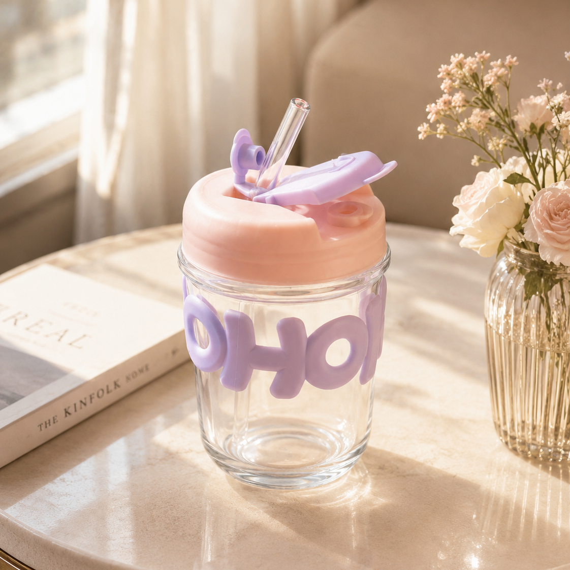 350ML OHO Glass Cup with Straw for Juice, Smoothies & Coffee