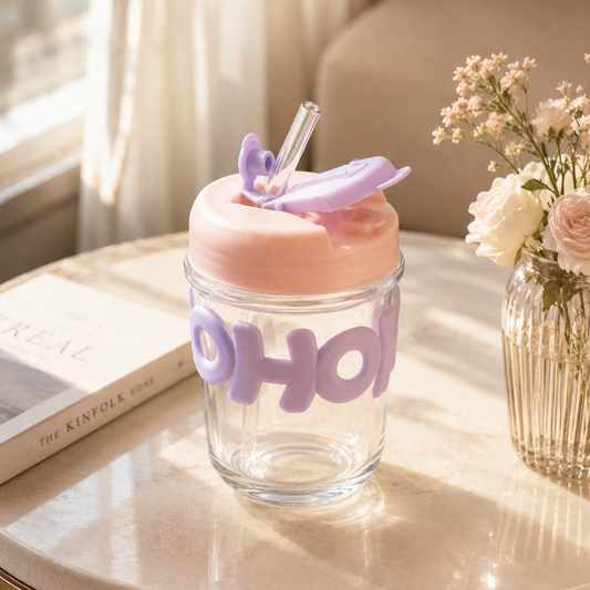 350ML OHO Glass Cup with Straw for Juice, Smoothies & Coffee