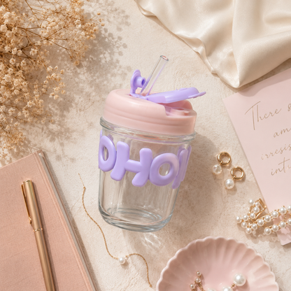350ML OHO Glass Cup with Straw for Juice, Smoothies & Coffee